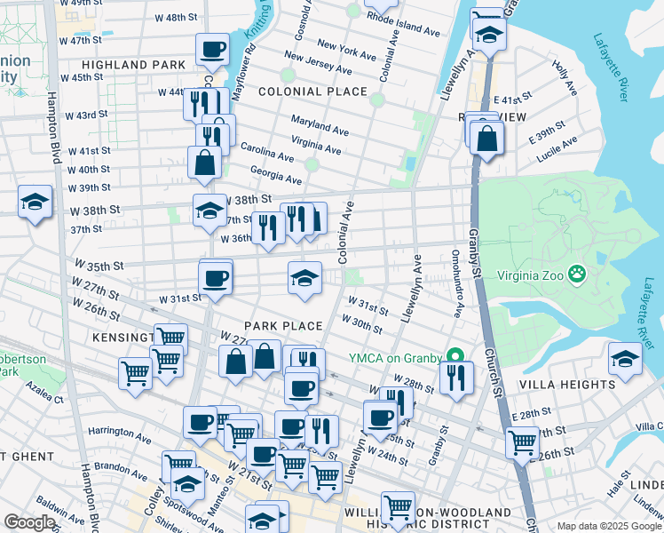 map of restaurants, bars, coffee shops, grocery stores, and more near 500 West 34th Street in Norfolk