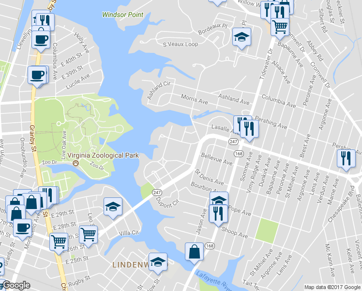map of restaurants, bars, coffee shops, grocery stores, and more near 1523 Versailles Avenue in Norfolk