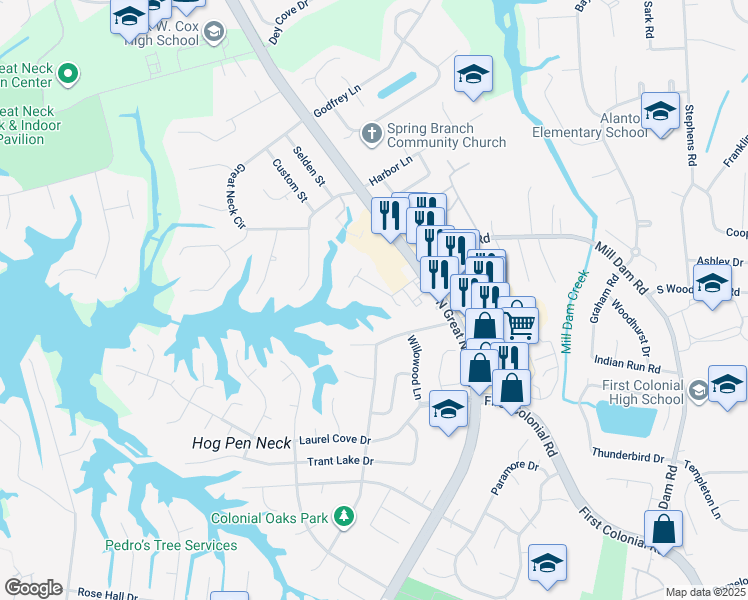 map of restaurants, bars, coffee shops, grocery stores, and more near 2229 Poplar Point Rd in Virginia Beach