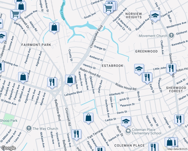 map of restaurants, bars, coffee shops, grocery stores, and more near 3673 Robin Hood Road in Norfolk