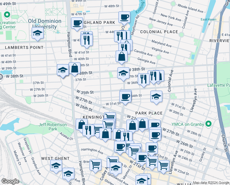 map of restaurants, bars, coffee shops, grocery stores, and more near 827 West 35th Street in Norfolk