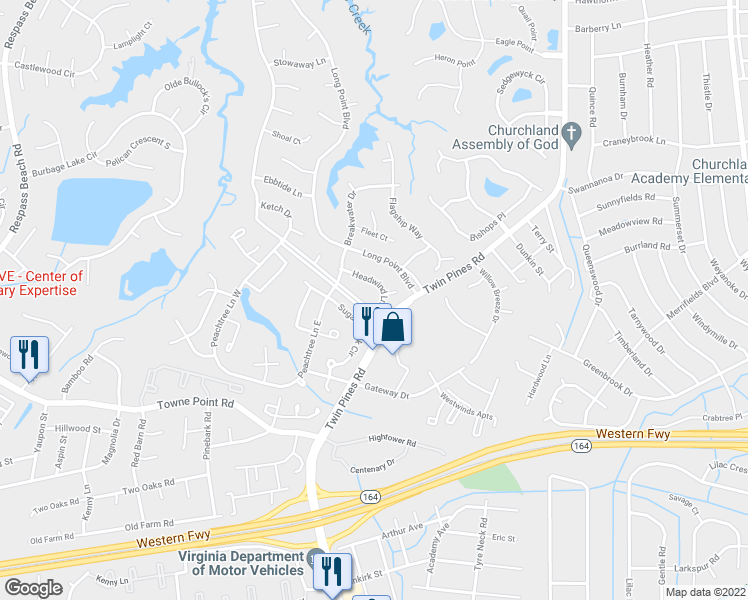 map of restaurants, bars, coffee shops, grocery stores, and more near 3808 Headwind Lane in Portsmouth
