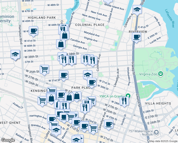 map of restaurants, bars, coffee shops, grocery stores, and more near 532 West 34th Street in Norfolk
