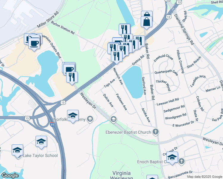 map of restaurants, bars, coffee shops, grocery stores, and more near 1069 Fairlawn Avenue in Virginia Beach