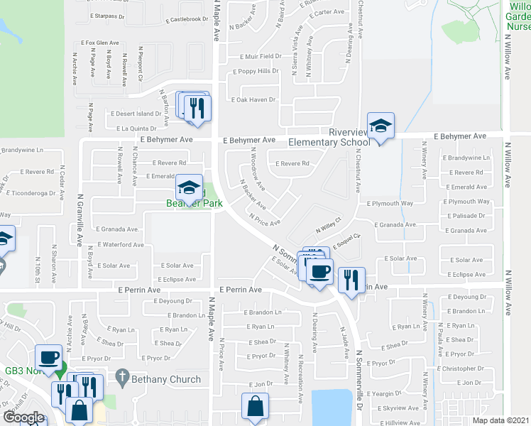 map of restaurants, bars, coffee shops, grocery stores, and more near 9733 North Backer Avenue in Fresno