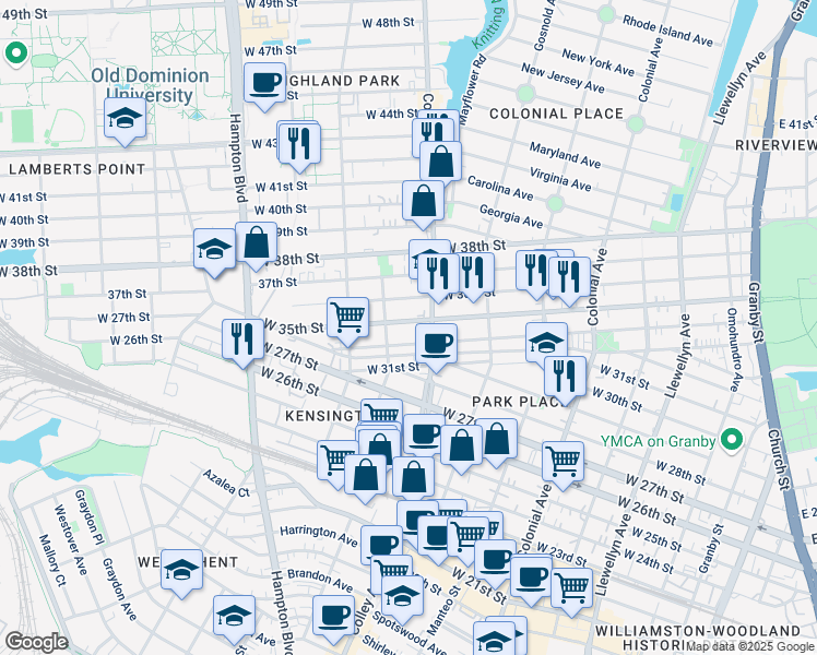map of restaurants, bars, coffee shops, grocery stores, and more near 819 West 35th Street in Norfolk