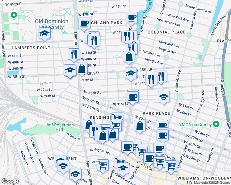 map of restaurants, bars, coffee shops, grocery stores, and more near 869 West 35th Street in Norfolk