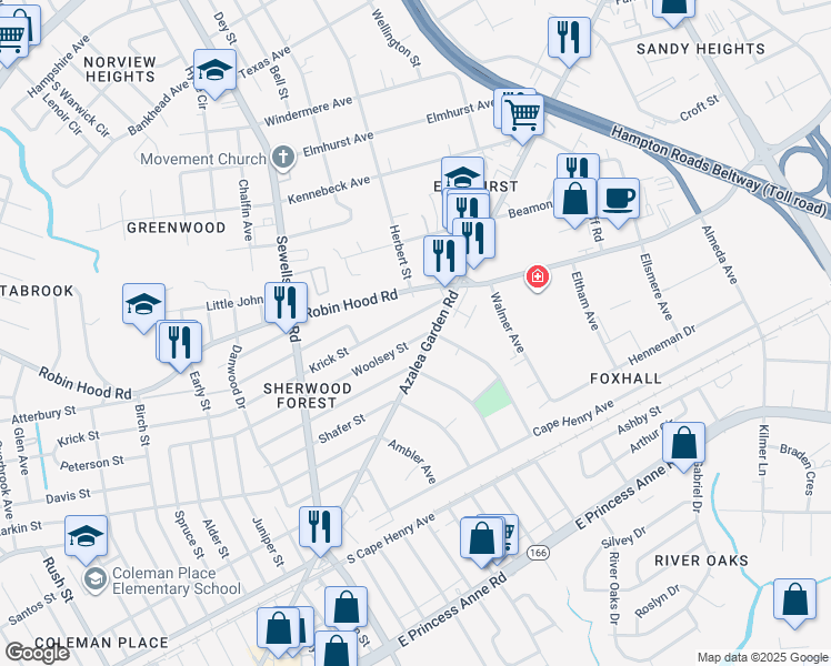 map of restaurants, bars, coffee shops, grocery stores, and more near 5100 Woolsey Street in Norfolk