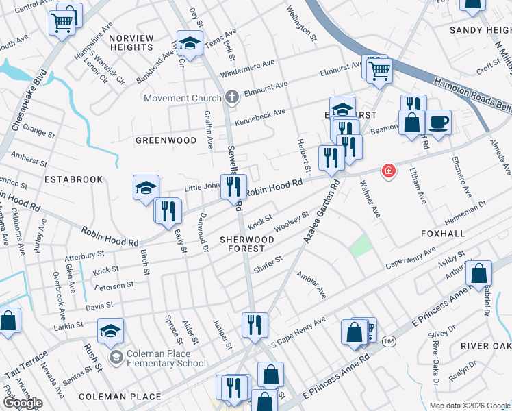 map of restaurants, bars, coffee shops, grocery stores, and more near 4931 Atterbury Street in Norfolk