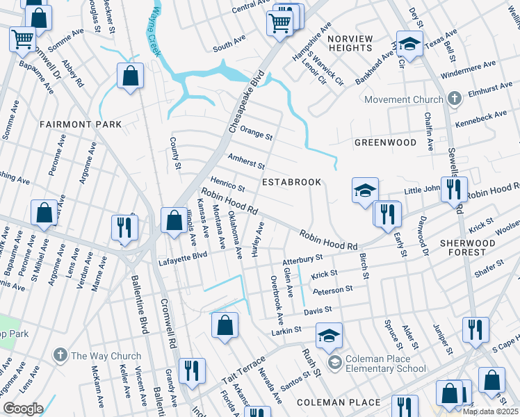 map of restaurants, bars, coffee shops, grocery stores, and more near 3722 Robin Hood Road in Norfolk