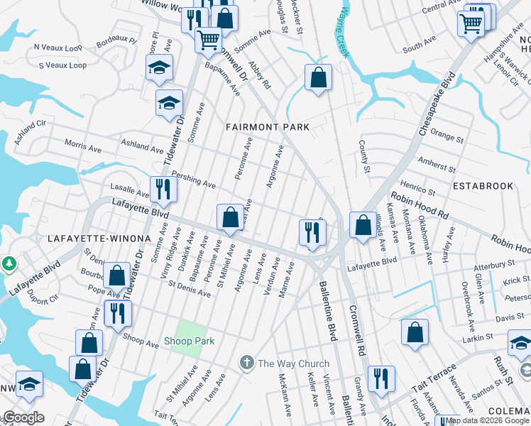 map of restaurants, bars, coffee shops, grocery stores, and more near 3230 Argonne Avenue in Norfolk