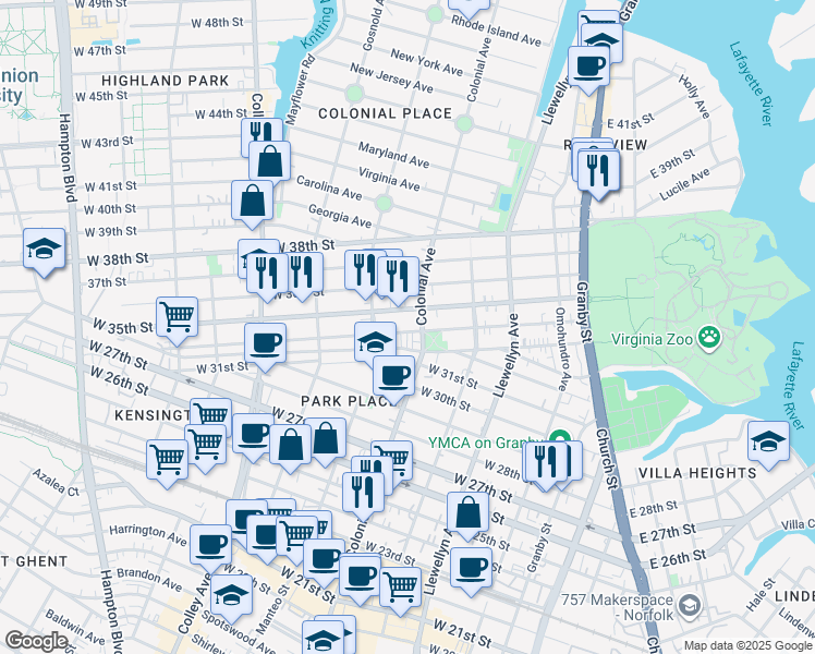 map of restaurants, bars, coffee shops, grocery stores, and more near 501 West 34th Street in Norfolk