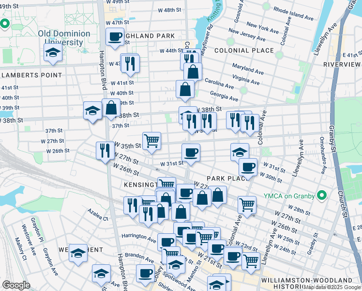 map of restaurants, bars, coffee shops, grocery stores, and more near 827 West 35th Street in Norfolk