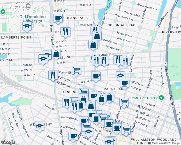 map of restaurants, bars, coffee shops, grocery stores, and more near 827 West 35th Street in Norfolk