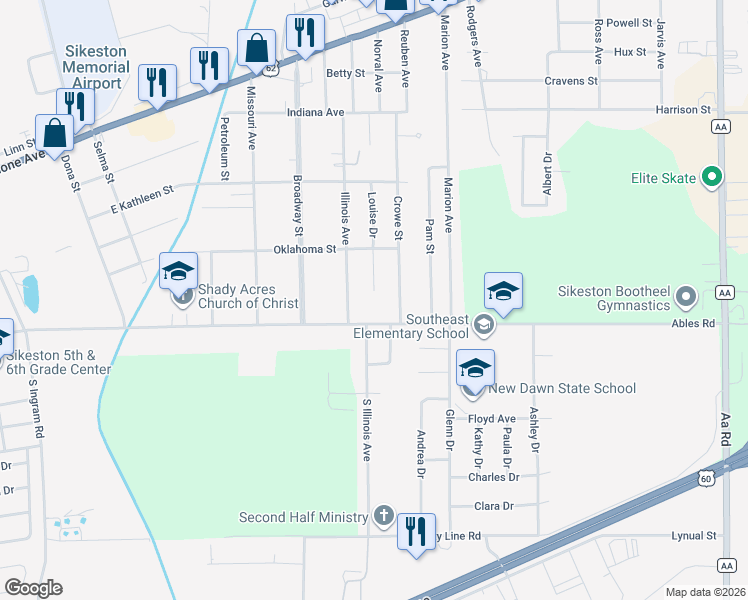 map of restaurants, bars, coffee shops, grocery stores, and more near 417 Louise Drive in Sikeston