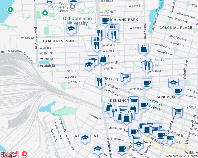 map of restaurants, bars, coffee shops, grocery stores, and more near 2701 Hampton Blvd in Norfolk