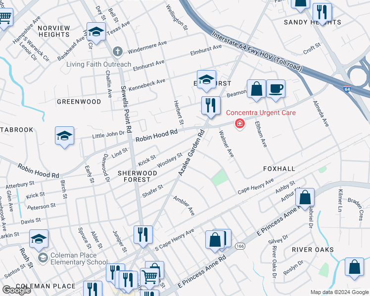 map of restaurants, bars, coffee shops, grocery stores, and more near 5100 Woolsey Street in Norfolk