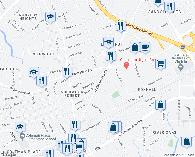map of restaurants, bars, coffee shops, grocery stores, and more near 5100 Woolsey Street in Norfolk