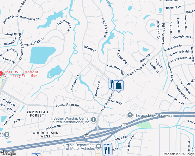 map of restaurants, bars, coffee shops, grocery stores, and more near 3833 Augustine Circle in Portsmouth