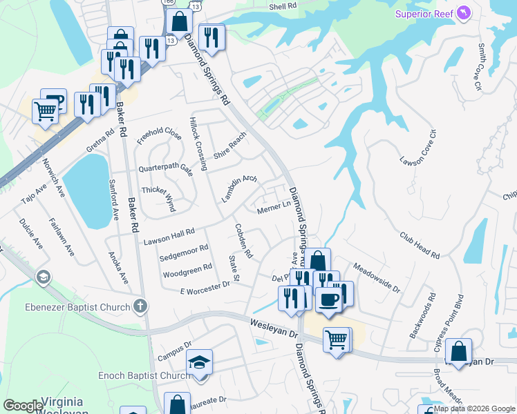 map of restaurants, bars, coffee shops, grocery stores, and more near 1000 Marble Walke Way in Virginia Beach