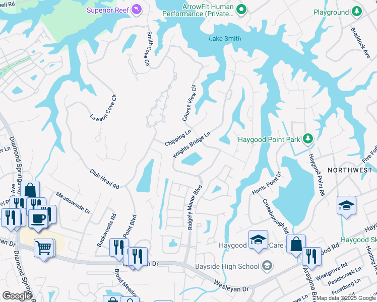 map of restaurants, bars, coffee shops, grocery stores, and more near 1192 Knights Bridge Ln in Virginia Beach