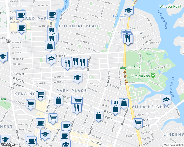 map of restaurants, bars, coffee shops, grocery stores, and more near 428 West 34th Street in Norfolk