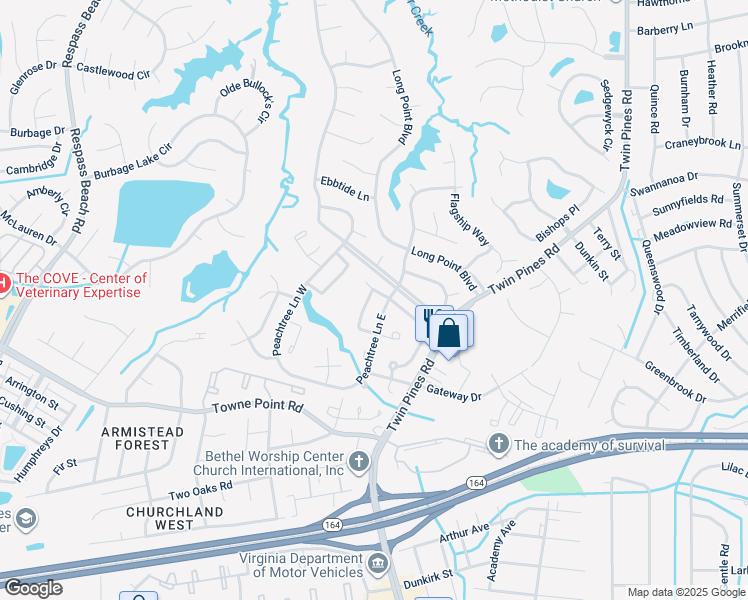 map of restaurants, bars, coffee shops, grocery stores, and more near 3833 Augustine Circle in Portsmouth