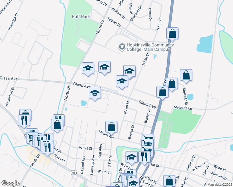 map of restaurants, bars, coffee shops, grocery stores, and more near 220 Glass Avenue in Hopkinsville