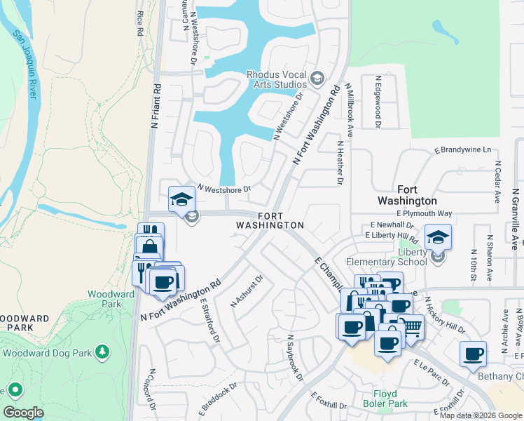 map of restaurants, bars, coffee shops, grocery stores, and more near 681 East Rock Creek Lane in Fresno
