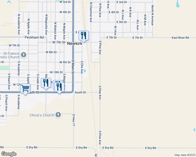 map of restaurants, bars, coffee shops, grocery stores, and more near 401 South Pine Avenue in Newkirk