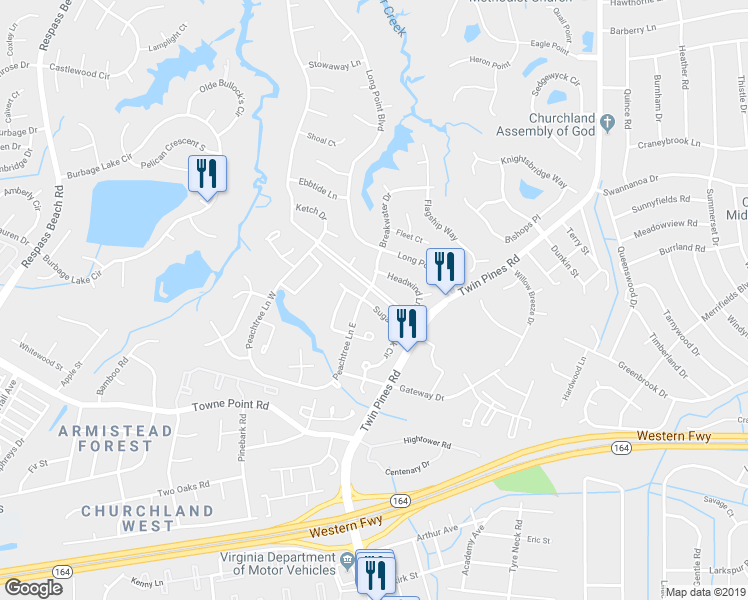 map of restaurants, bars, coffee shops, grocery stores, and more near 3869 Sugar Creek Circle in Portsmouth