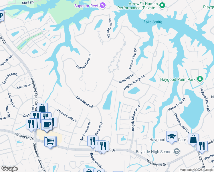 map of restaurants, bars, coffee shops, grocery stores, and more near 5236 Club Head Road in Virginia Beach