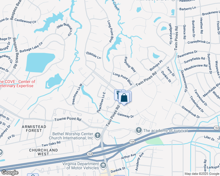 map of restaurants, bars, coffee shops, grocery stores, and more near 3869 Sugar Creek Circle in Portsmouth