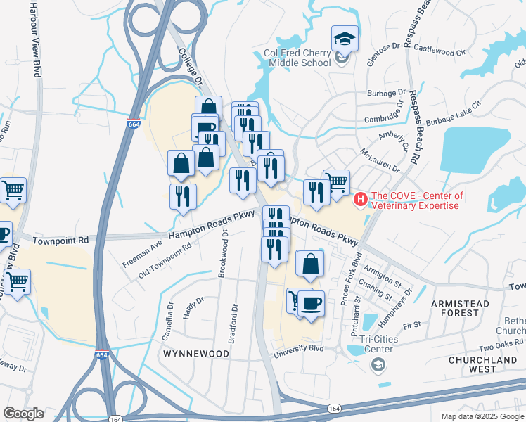 map of restaurants, bars, coffee shops, grocery stores, and more near VA-135 & Hampton Roads Pkwy in Suffolk