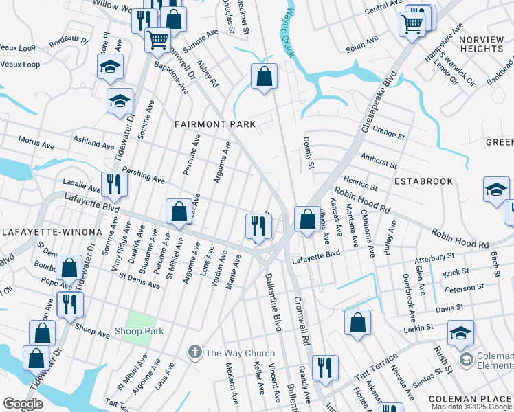 map of restaurants, bars, coffee shops, grocery stores, and more near 3308 Marne Avenue in Norfolk