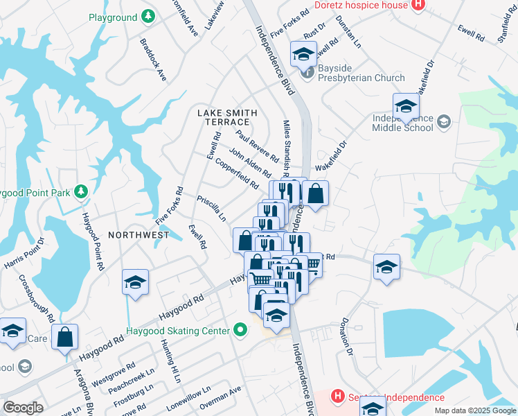 map of restaurants, bars, coffee shops, grocery stores, and more near 1049 Miles Standish Road in Virginia Beach