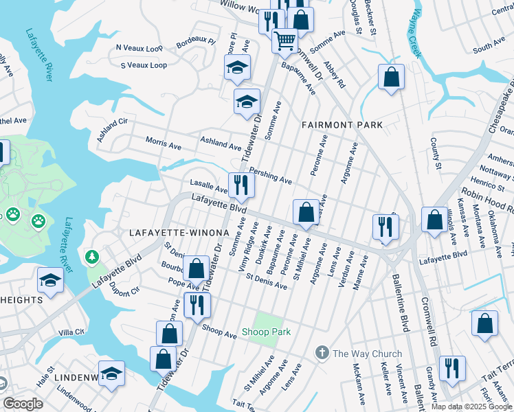 map of restaurants, bars, coffee shops, grocery stores, and more near 2100 Lafayette Boulevard in Norfolk
