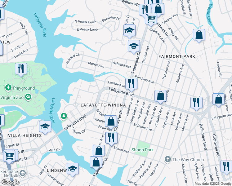 map of restaurants, bars, coffee shops, grocery stores, and more near 1809 Lafayette Boulevard in Norfolk