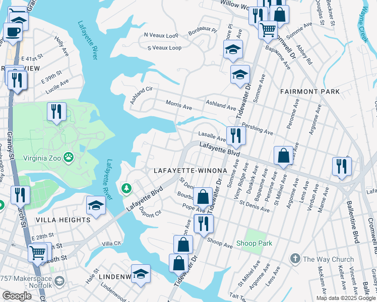 map of restaurants, bars, coffee shops, grocery stores, and more near in Norfolk