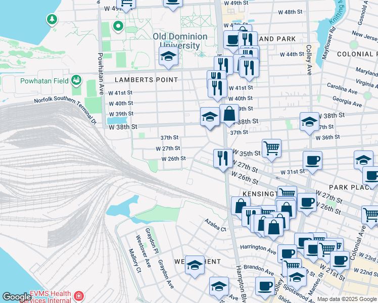 map of restaurants, bars, coffee shops, grocery stores, and more near 1268 West 26th Street in Norfolk