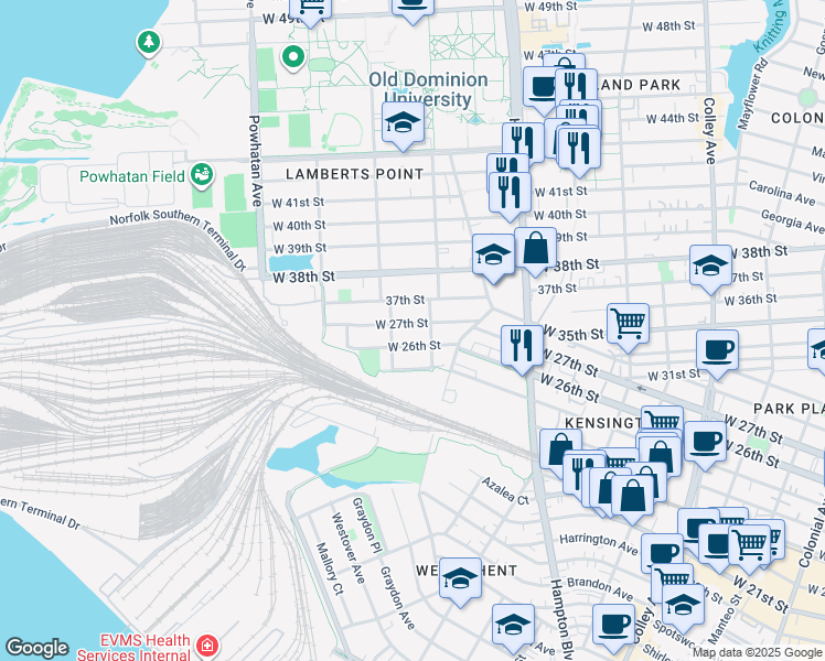 map of restaurants, bars, coffee shops, grocery stores, and more near 1314 West 26th Street in Norfolk