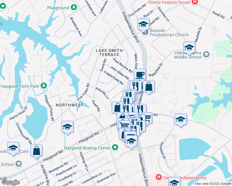 map of restaurants, bars, coffee shops, grocery stores, and more near 1033 Patrick Henry Way in Virginia Beach