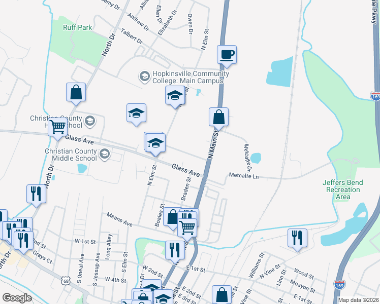map of restaurants, bars, coffee shops, grocery stores, and more near 113 Maplelawn Street in Hopkinsville