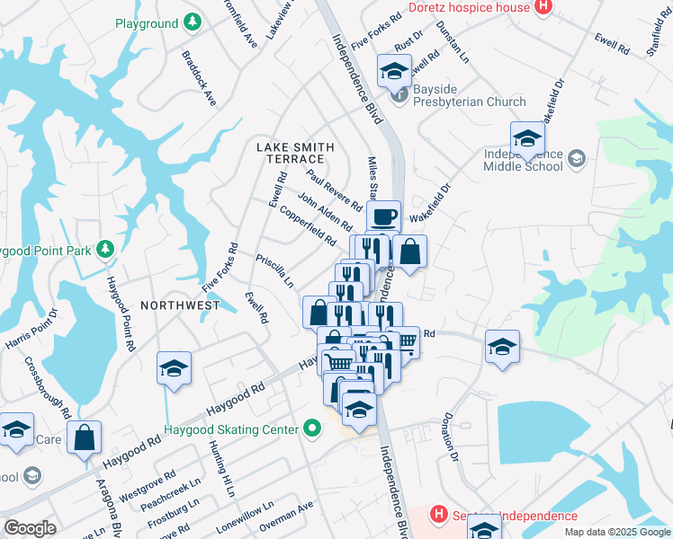 map of restaurants, bars, coffee shops, grocery stores, and more near 1049 Miles Standish Road in Virginia Beach