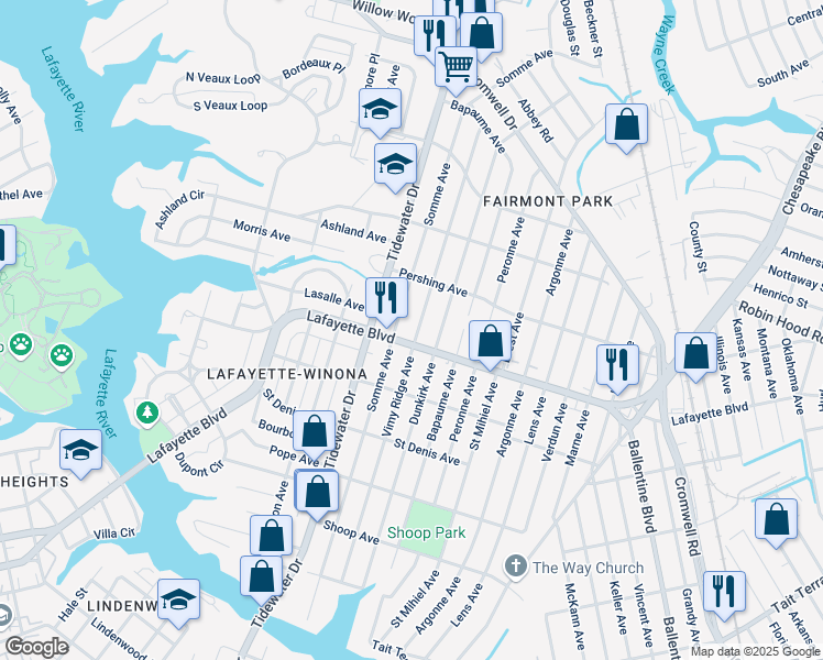 map of restaurants, bars, coffee shops, grocery stores, and more near 2100 Lafayette Boulevard in Norfolk