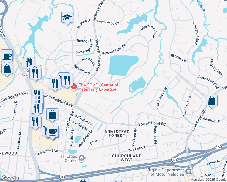 map of restaurants, bars, coffee shops, grocery stores, and more near 6805 Goldeneye Court in Suffolk