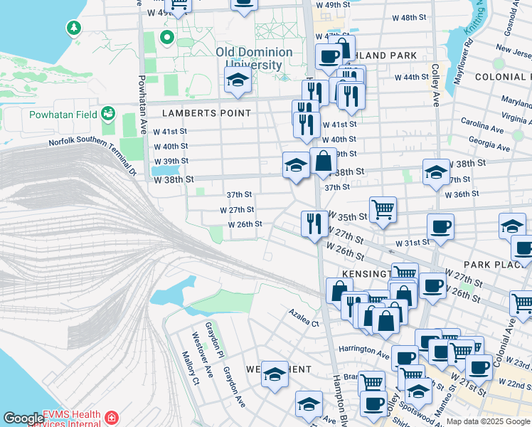 map of restaurants, bars, coffee shops, grocery stores, and more near 1268 West 26th Street in Norfolk