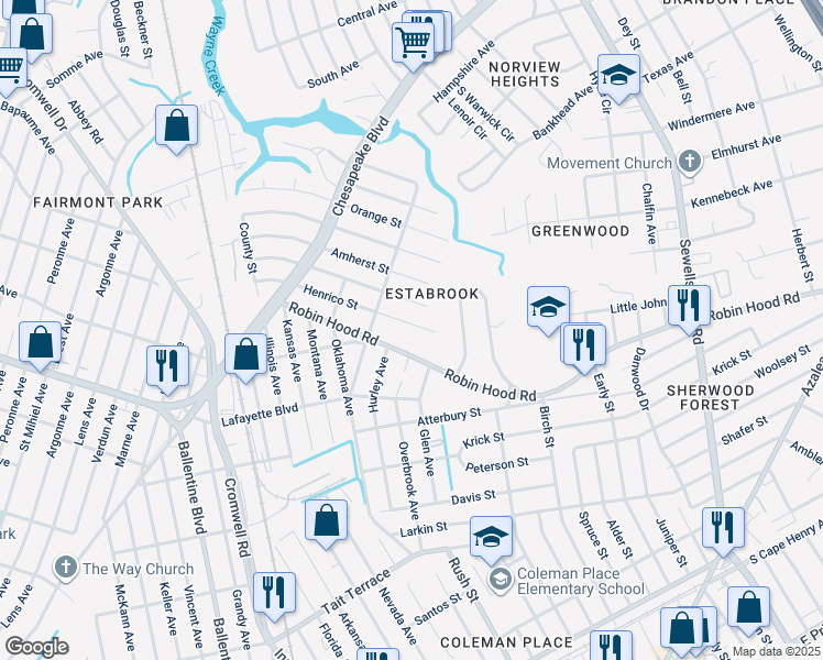 map of restaurants, bars, coffee shops, grocery stores, and more near 3735 Henrico Street in Norfolk