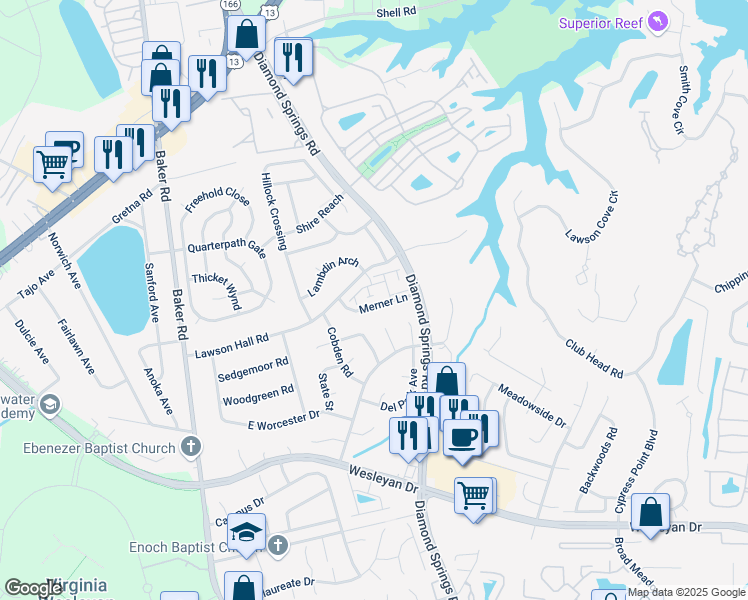 map of restaurants, bars, coffee shops, grocery stores, and more near Walkers Grant Lane in Virginia Beach