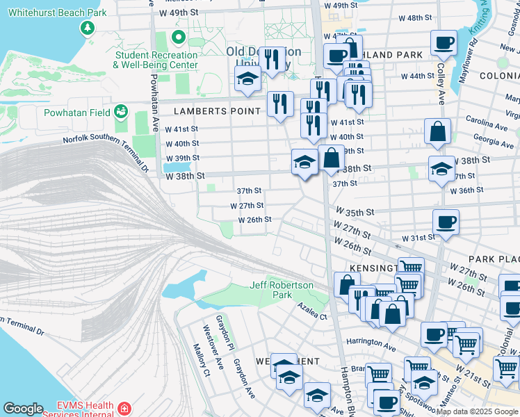 map of restaurants, bars, coffee shops, grocery stores, and more near 1305 West 27th Street in Norfolk